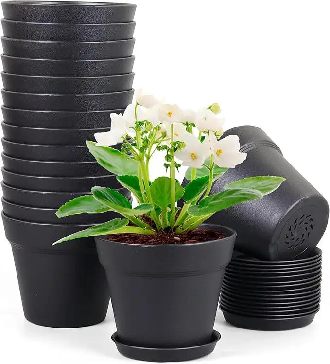 4 inch Small Plastic Nursery Pots, Seedling Pots, 16 Pack Plant Pots for Indoor Outdoor Plants, Flower Pots with Drainage Holes and Saucers, Decorative Planters for House Plants, Black by GreenHaven Gardens