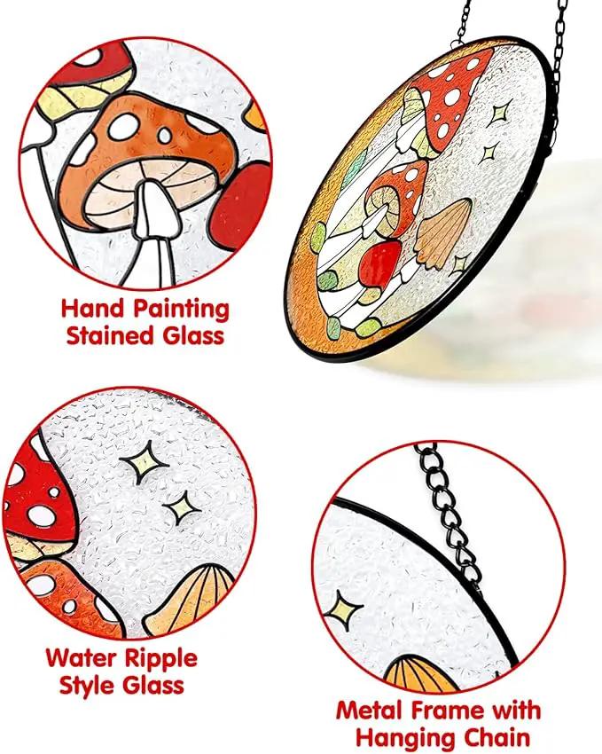 Tuitessine Mushroom Stained Glass Suncatcher Moon Toadstools Window Wall Hanging Ornament Hand-Painted Glass Panel Decor for Home Gift for Nature Plant Mushroom Lovers 6.3"*6.3" by GreenHaven Gardens
