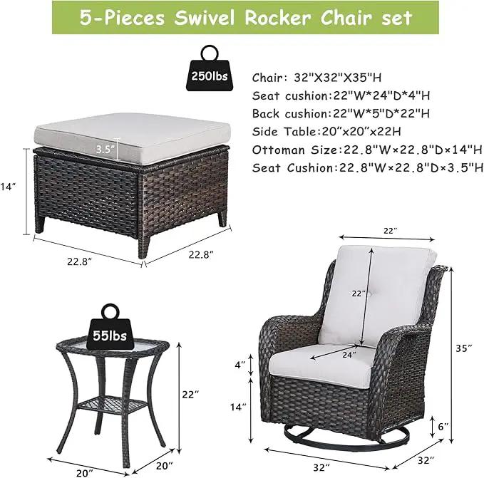 Outdoor Wicker Patio Furniture Set - 5 Pieces Rattan Patio Conversation Set with 2 Rocking Swivel Chairs,2 Ottomans and 1 Side Table for Porch Deck Backyard Garden(Brown/Beige) by GreenHaven Gardens