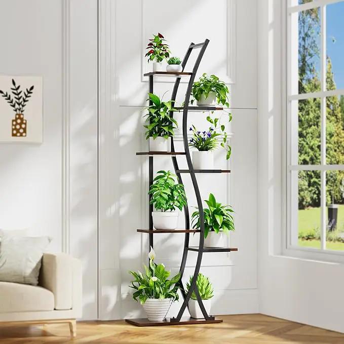 62" Tall Plant Stand with Grow Light Indoor, 7 Tiered Metal Plant Shelf Bookshelf, Curved Corner Flower Stand Display Storage Rack Holder for Living Room, Balcony Decor by GreenHaven Gardens