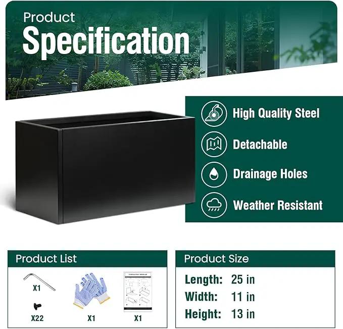 Galvanized Steel Metal Planter Rectangular Indoor Black Planter Box Large Outdoor Planters Steel 25" Lx 11" W x 13" H Commercial Residential for Patio, Deck, Garden by GreenHaven Gardens
