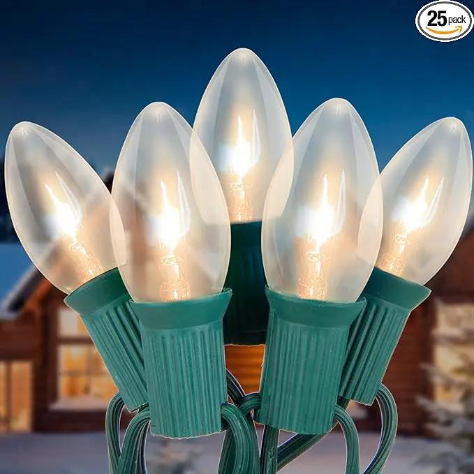 C9 Clear Christmas String Lights 25Ft C9 Outdoor Lights String with 26 Clear Bulbs, Hanging Christmas Roofline Light Patio Lights for Outdoor Decor 7 Watt C9/E17 Intermediate Base-Green Wire by GreenHaven Gardens