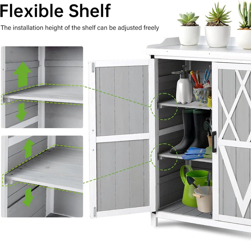 Outdoor Cabinet with Metal Tabletop Garden Potting Bench Table - Outdoor Garden Patio Wooden Storage Cabinet with Adjustable Shelf, Wooden Storage Cabinets, Weatherproof for Garden Patio Lawn by GreenHaven Gardens