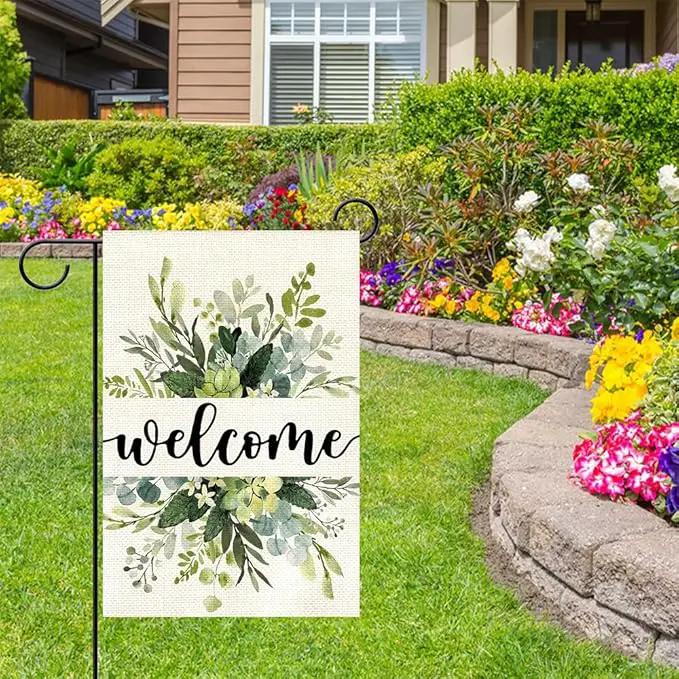 Spring Floral Welcome Garden Flag 12x18 Inch Double Sided Outside, Eucalyptus Seasonal Farmhouse Yard Outdoor Flag by GreenHaven Gardens