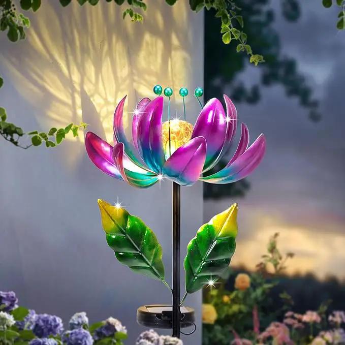 Solar Purple Metal Flower Wind Spinners, Colorful Spinning Windmill Lotus Yard Art Lights Wind Pinwheels with LED Crystal Ball Decorative Stake Lighting Flower Sculpture by GreenHaven Gardens