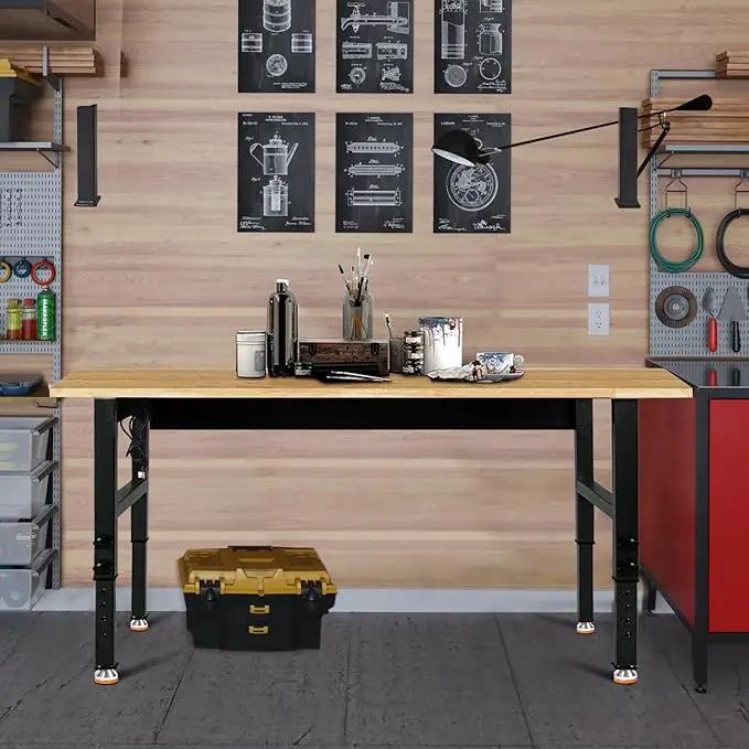 48" Adjustable Work Bench, Rubber Wood Top Workbench Heavy-Duty Work Table with Power Outlet, 2000 LBS Load Capacity Hardwood Work Benches for Garage, Workshop, Home, Office, Easy Assembly by GreenHaven Gardens
