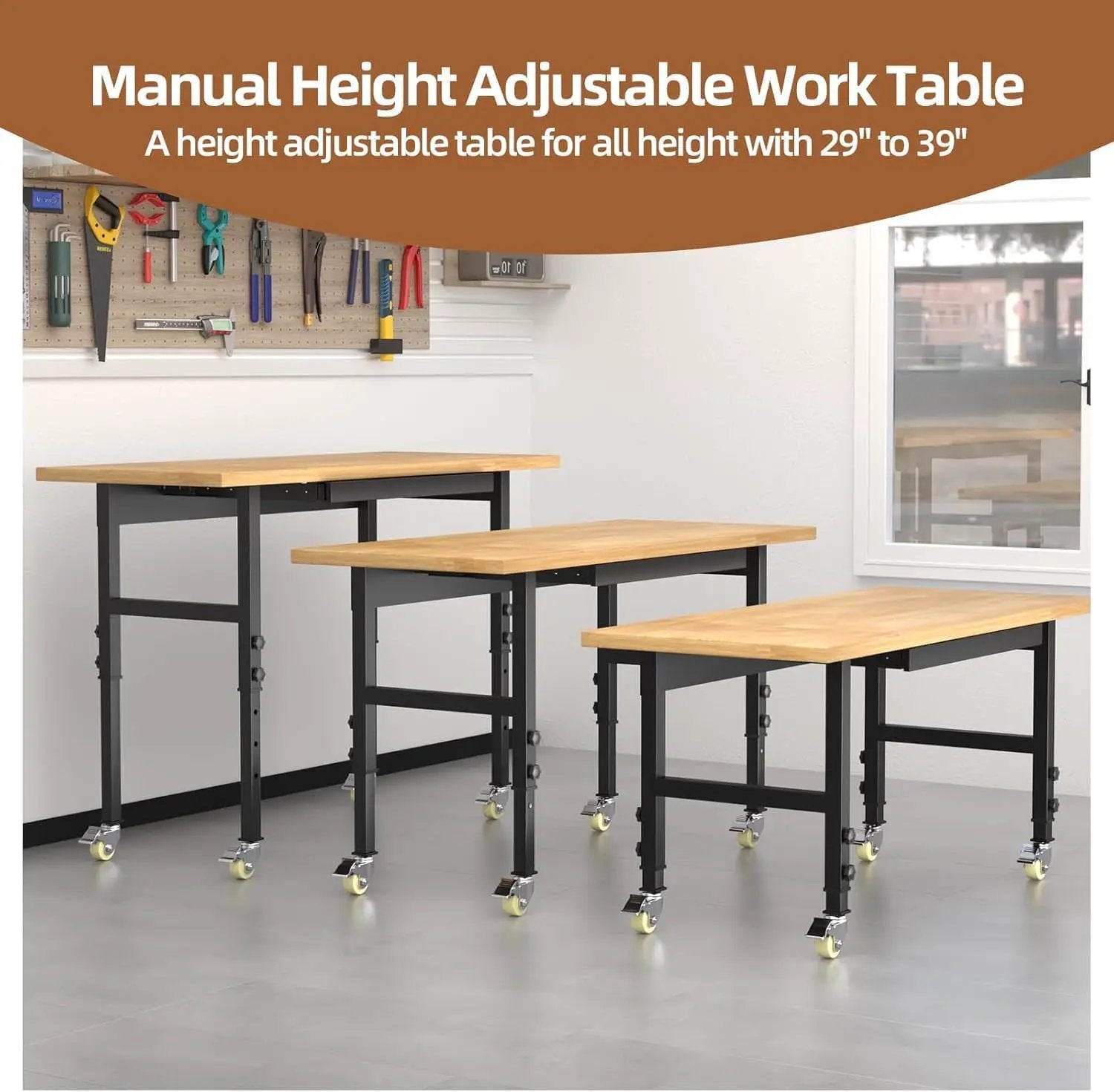 48' Adjustable Workbench, Solid Wood Work Bench Table with Wheels and Power Outlet, Rolling Workbenchs Large Load Capacity Garage Workbench for Workshop,Office,Home by GreenHaven Gardens