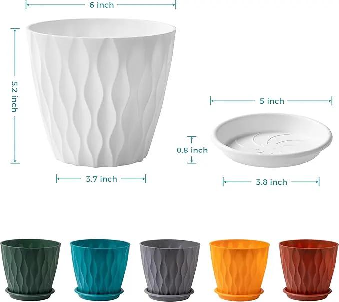 FaithLand 6-Pack 6-Inch Plastic Plant Pots with Saucers | Thickened PP Material, Modern Wave Texture, Enhanced Drainage for Indoor/Outdoor Garden Plants | Tricolor Value Set by GreenHaven Gardens
