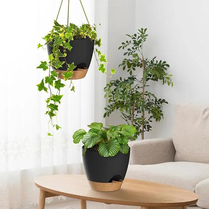 ZMTECH 10 Inch Hanging Planters for Indoor Outdoor Plants, 2 Pack Self Watering Hanging Plant Pots with Drainage Holes and Removable Saucer, Plastic Flower Hanging Pots with Watering Lip (Black) by GreenHaven Gardens