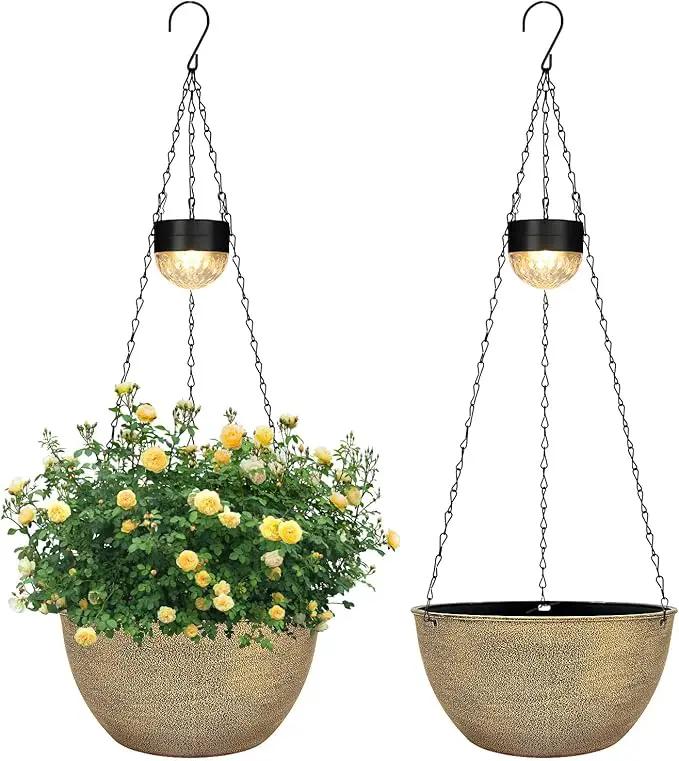 2 Packs Hanging Planters Basket for Outdoor Plants, Solar Powered Self Watering Copper Round Plastic Flower Pots with Drainer for Balcony Patio Garden Outdoor Decoration by GreenHaven Gardens