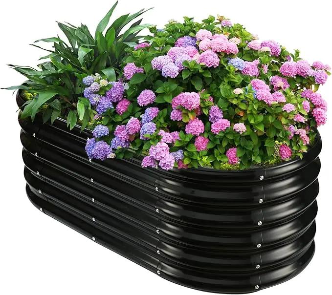17" Tall Outdoor Garden Raised Garden Bed Kits, 4ft X 2ft Oval,0.8MM Thick Metal Raised Planter Bed/Ground Planter Box for Variety of Flowers,Herbs,Vegetables (Black, 48X24X16.5 Inches) by GreenHaven Gardens
