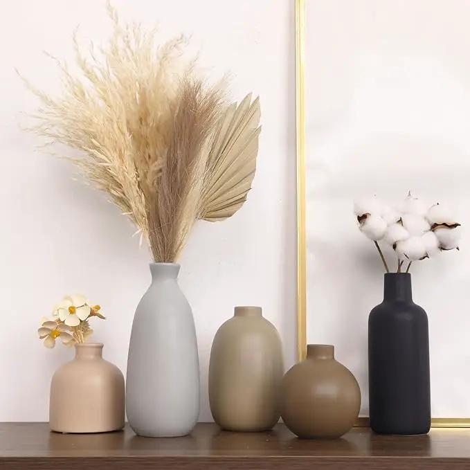 CUCUMI Ceramic Vase Set of 5, Home Decor Farmhouse Décor Handmade Pottery Vases for Pampas Grass, Dried Fresh Flowers, Table, Living Room, Kitchen, Shelf, Entryway Mantel Neutral Tones by GreenHaven Gardens