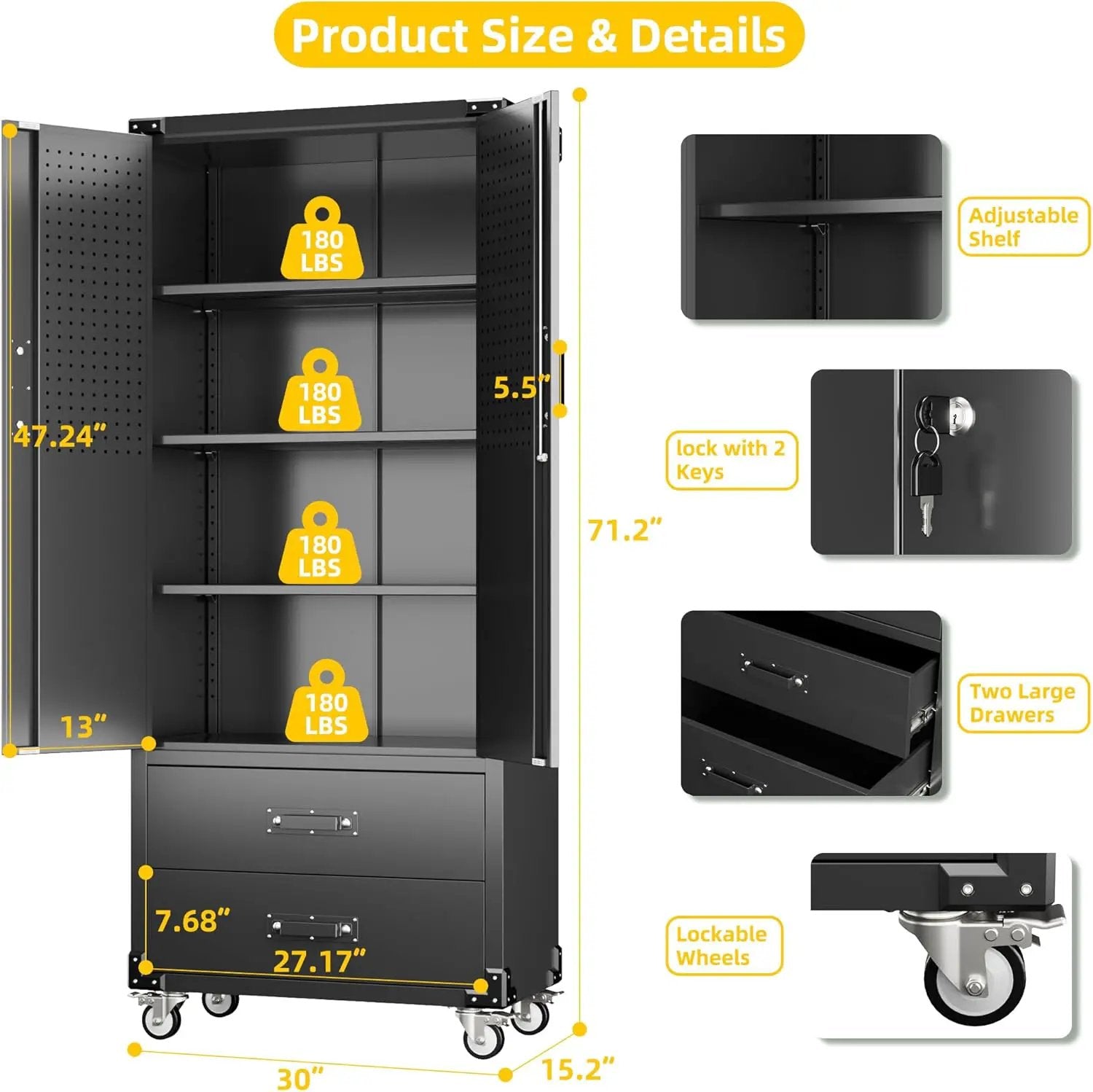 Aobabo 2 Large Drawer Metal Storage Cabinet with Wheels, Lockable Steel Storage Cabinet with 3 Adjustable Shelves and 6 Hooks for Home, Office, Garage, Classroom, Black, Assembly Required by GreenHaven Gardens