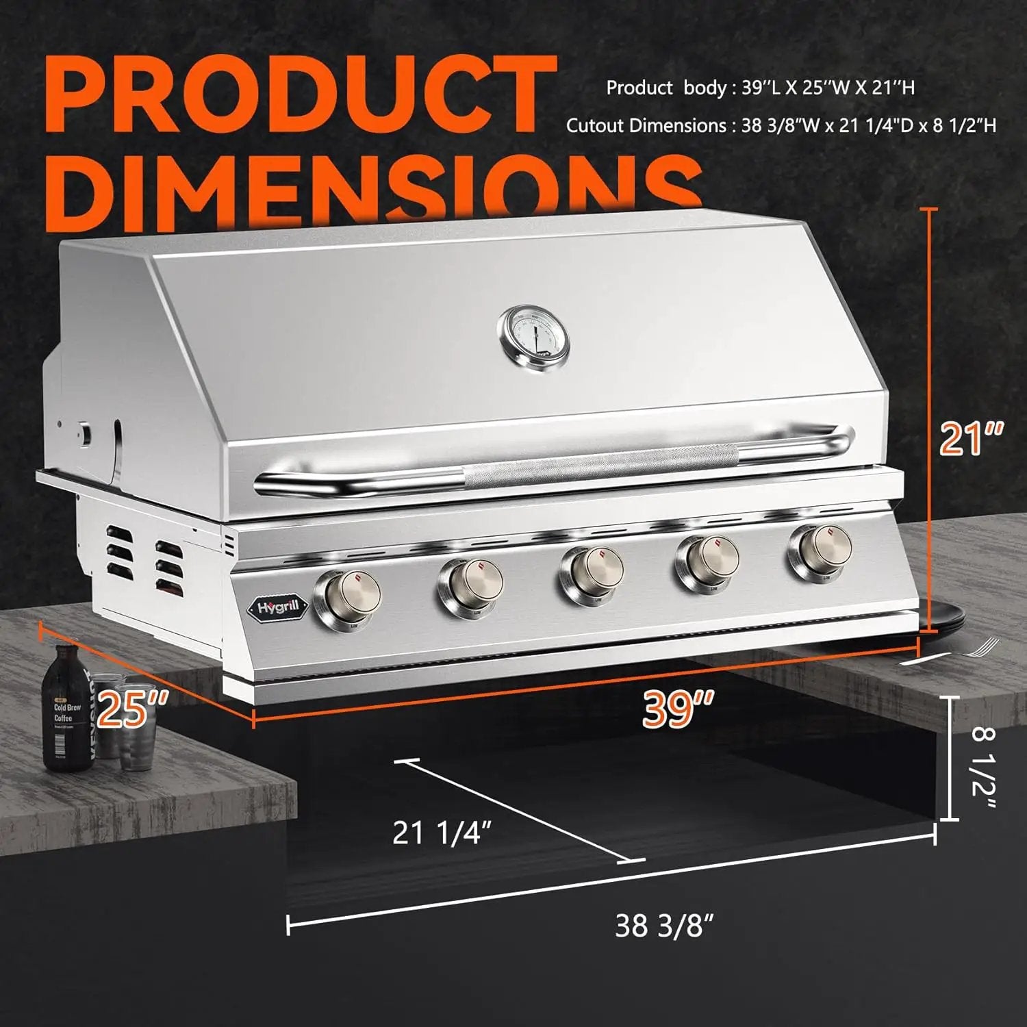 Hygrill 40-Inch Built In Grill, Stainless Steel 5-Burner Grill Head for Outdoor Kitchen, Natural Gas by GreenHaven Gardens