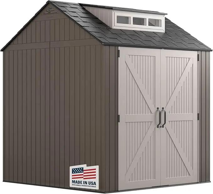 Rubbermaid Large Resin Outdoor Storage Shed With Floor (7 x 7 Ft.), Weather Resistant, Brown, Organization for Home/Lawn Mower/Backyard Equipment/Bike Storage/Pool Supplies by GreenHaven Gardens