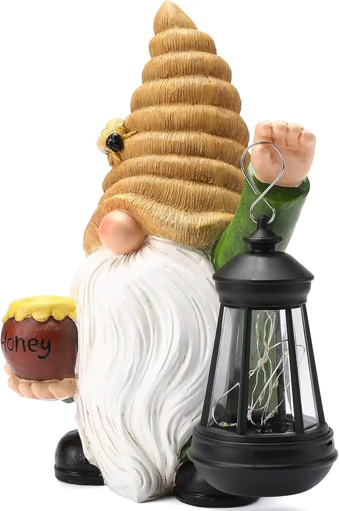 12.3''Solar Garden Gnome Outdoor Decor Honey Bee jar Gnome Statue with LED Lantern Fall Patio Yard Art Decoration Christmas Gardening Birthday Gifts for Women Mom, Honey Bee Gnome by GreenHaven Gardens
