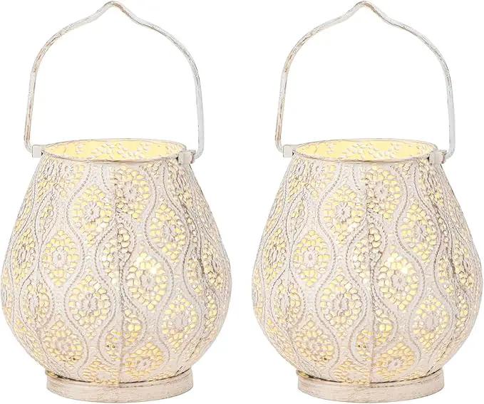 TRIROCKS Set of 2 Moroccan Decorative Lamps 8'' High Battery Powered Cordless Lamp Metal Table Lamps with Fairy Lights Bulb for Home Living Room Garden Yard Party Events Tabletop Indoor Outdoor(White) by GreenHaven Gardens