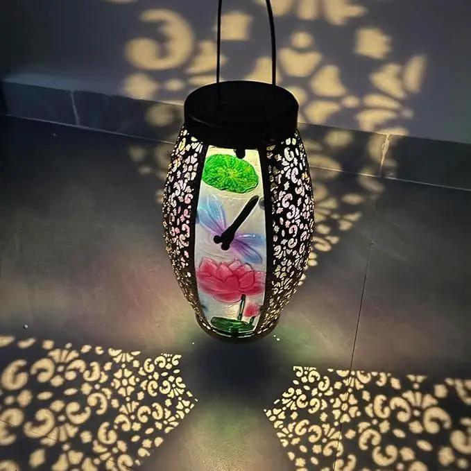 2PCS Dragonfly Solar Lanterns Glass & Metal Hanging Light Outdoor Waterproof 16" H Tabletop Lamp with Hollowed-Out Design with Shepherd's Hooks for Garden Patio Table Decor by GreenHaven Gardens