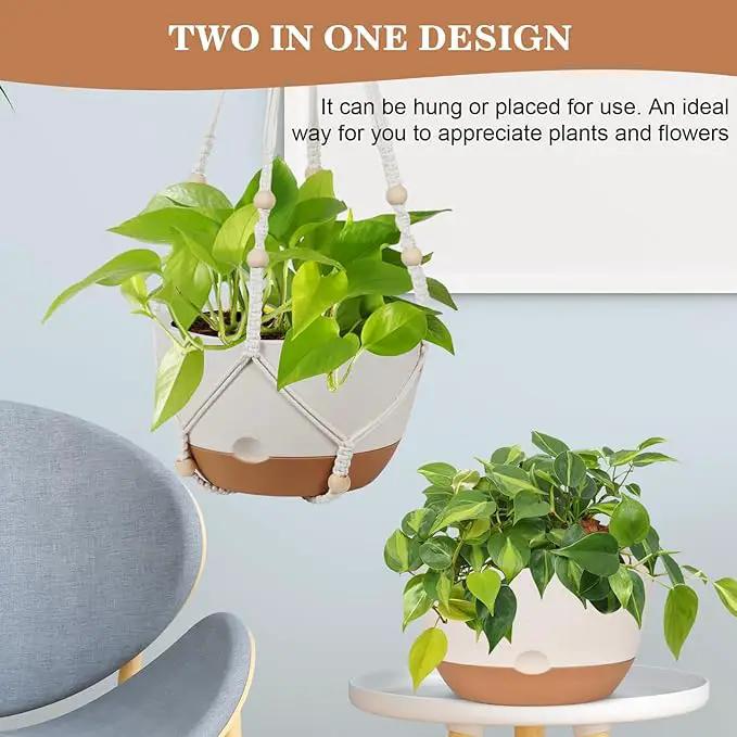 3 Pack Hanging Planters for Indoor Plants, 10 + 10 + 8 Inch Self-Watering Hanging Plant Pot, Macrame Plant Hanger with Pot, Ceiling Hooks, Removable Saucer and Drainage Holes for Garden Home - White by GreenHaven Gardens
