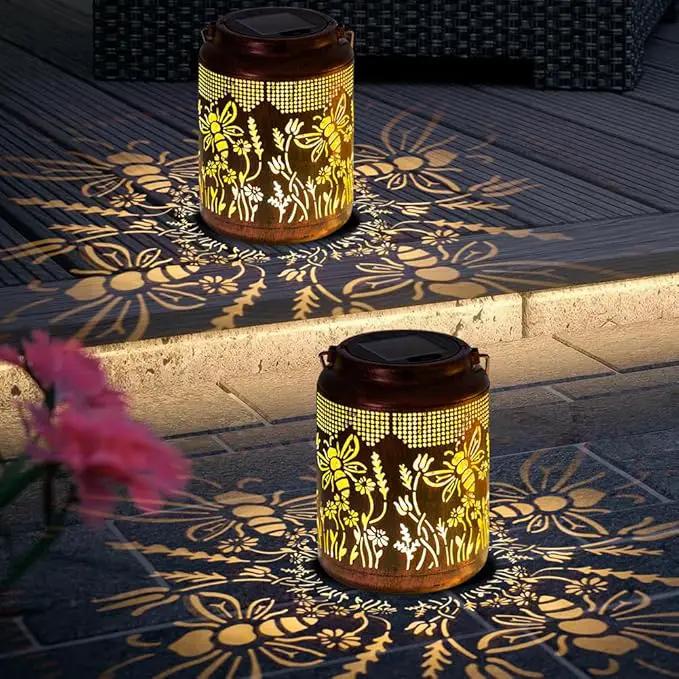 2 Pack Bee Solar Lanterns Outdoor Waterproof Hanging Solar Lights LED 6.9" Metal Flower Bee Decorative Lantern for Patio,Yard,Porch,Table,Garden Birthday Gifts for Women Mom Grandma by GreenHaven Gardens