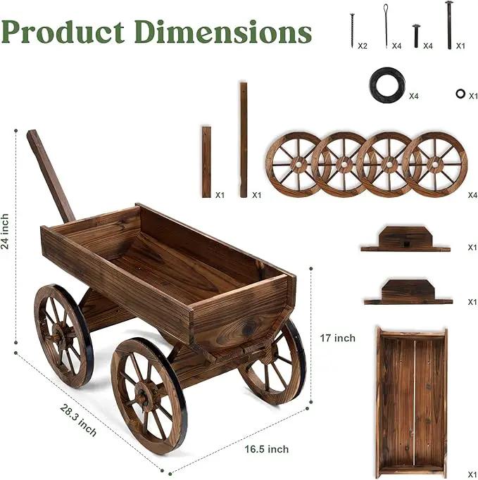 Wood Wagon Planter for Outdoor Balcony Decor - Garden Rustic Wooden Flower Cart with Wheels for Outside Garden Decor Wheelbarrow Planter for Patio by GreenHaven Gardens