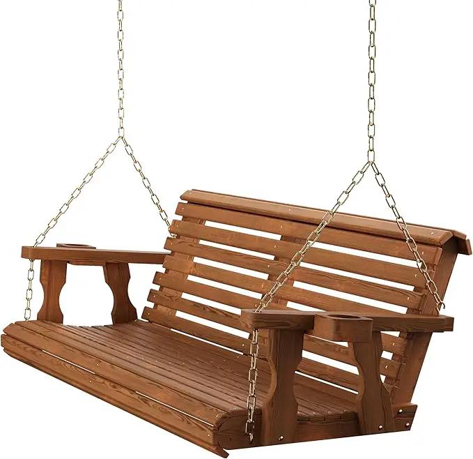 Amish Casual 5 Foot Roll Back Porch Swing with Cup Holders in Oak Stain - Amish Made in The USA from Treated Pine Heavy Duty 700 Lb. Weight Capacity by GreenHaven Gardens