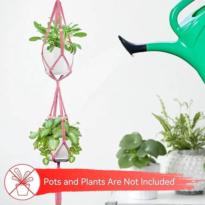 USLAI Macrame Plant Hanger Indoor Outdoor, Up to 4-15 inch Pot, Heavy 20lb Planters, Extra Long Strong Hanging Planter Basket Holder, Boho Home Decor, 49+72 Inch, Pink (POTS NOT Included) by GreenHaven Gardens