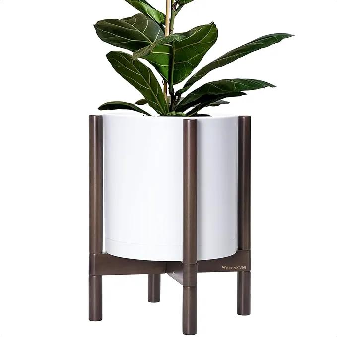 D'vine Dev Planter with Stand - 12 Inch Plastic Cylinder Flower Pot with Wood Holder for Indoor, Matte White Pot + Walnut Color Stand, 55-C-O-1 by GreenHaven Gardens