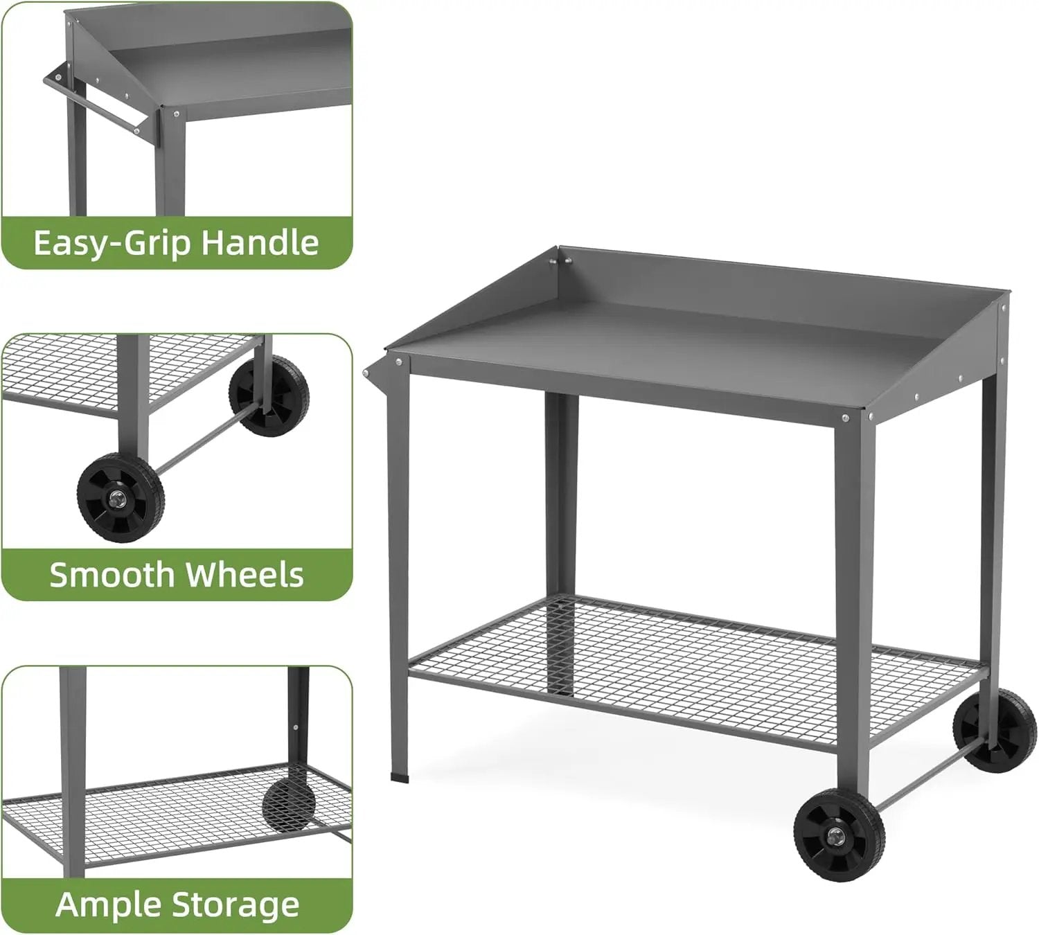 Outdoor Metal Potting Bench with Wheels, Heavy Duty Garden Workbench Table with Storage Shelf (Dark Gray, 36"x38.8") by GreenHaven Gardens