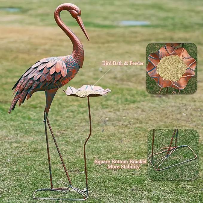 Crane Garden Statue, 42'' Heron Outdoor Statue with Birdbath, Large Crane Bird Metal Yard Art for Lawn Porch Backyard Patio Decor (Brown) by GreenHaven Gardens