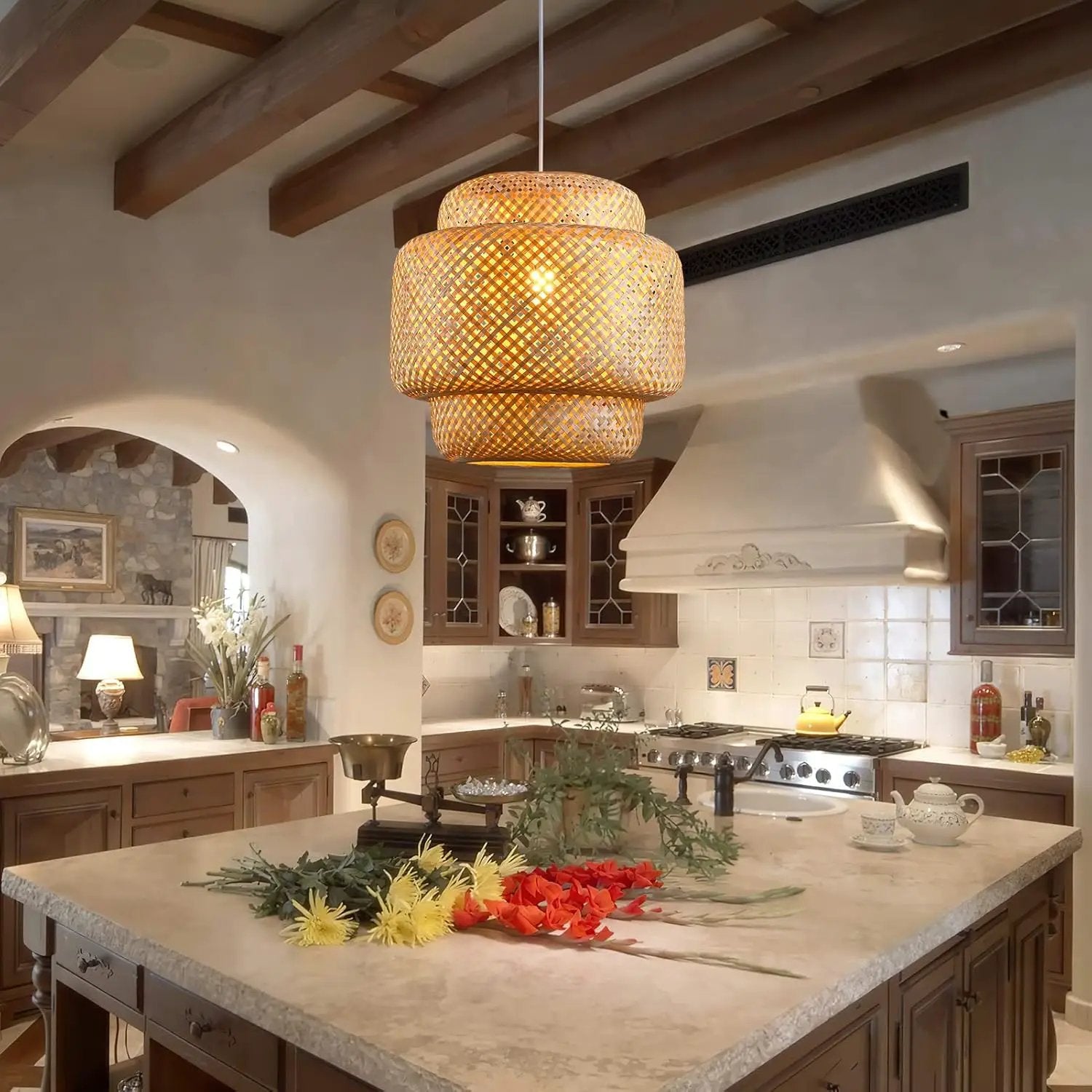 Bamboo Pendant Light - Boho Basket Chandelier Handmade Woven Pendant Light, Natural Wicker Rattan Hanging Chandelier for Kitchen Island Dining Room Living Room Porch by GreenHaven Gardens