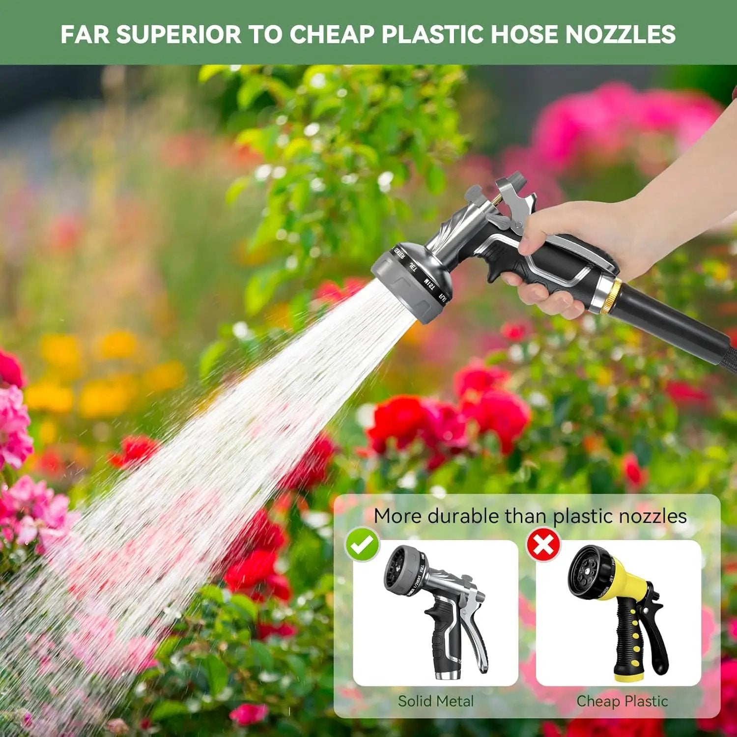 Garden Hose Nozzle, Heavy Duty Metal Water Hose Nozzle with 8 Adjustable Spray Patterns, High Pressure Hand Sprayer with Flow Control for for Garden Watering, Car & Pet Washing by GreenHaven Gardens