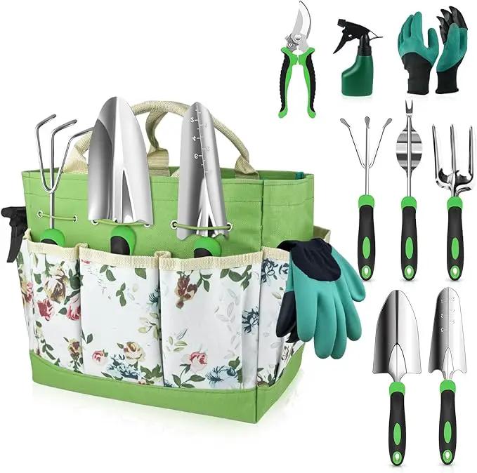 Garden Tools Set, 8 in 1 Heavy Duty Garden Tools Kit, Stainless Steel Ergonomic Gardening Hand Tool with Upgraded Bag, Gardening Supplies Gift for Women, Kid, Organizer by GreenHaven Gardens