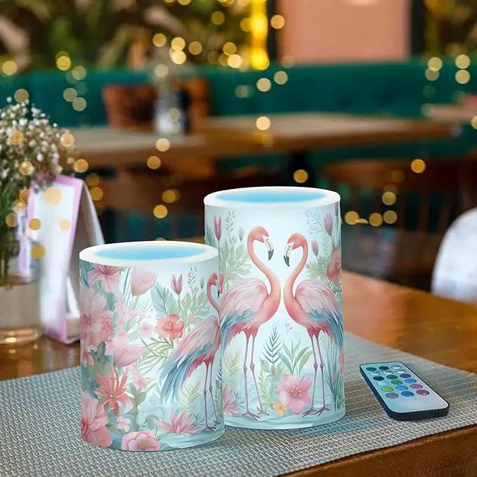 Flickering Flameless Candles, Pink Flamingo Print LED Candles with Remote Timer, Set of 2 Battery Operated Candle for Valentine Wedding Birthday by GreenHaven Gardens