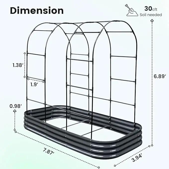 KING BIRD Raised Garden Bed with Arched Trellis Galvanized Planter Garden Box Outdoor for Gardening, Climbing Vegetables, Flowers 7.87x3.94x0.98 Ft, Dark Grey by GreenHaven Gardens
