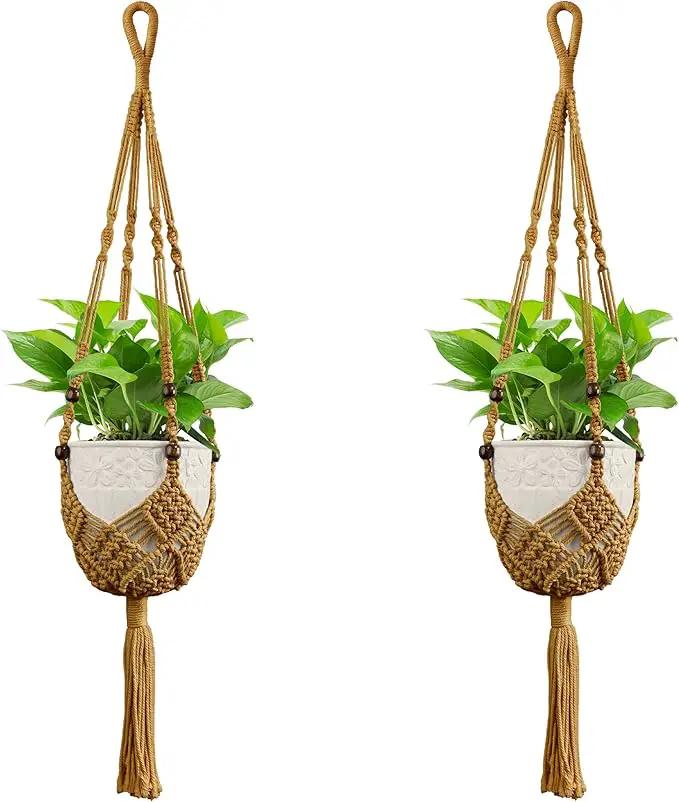 USLAI Macrame Handmade Basket Plant Hanger (2-Pack), for 3-8 Inch Pots, Indoor Outdoor Strong Hanging Planter Flower Pot Holder with Beads and Tassels, Boho Home Decor (POTS NOT Included) (Brown) by GreenHaven Gardens
