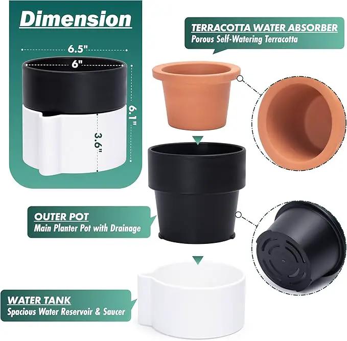 Phoenix Vine 6.5 Inch Self-Watering Planter Pot with Terracotta Insert, Deep Water Reservoir, and Ceramic-Alike BPA-Free Plastic Pot for Plant, Modern Planter for Houseplants, White/Black, 53-B-S-4 by GreenHaven Gardens