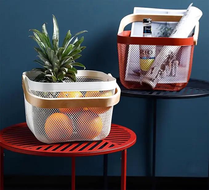 Metal Mesh Steel Basket, Storage Organizer Basket Multi-functional Hanging Kitchen Baskets Fruit Basket Bin with Bamboo Handle for Kitchen Bathroom Picnic Shopping Decor Cabinet Home, Red by GreenHaven Gardens