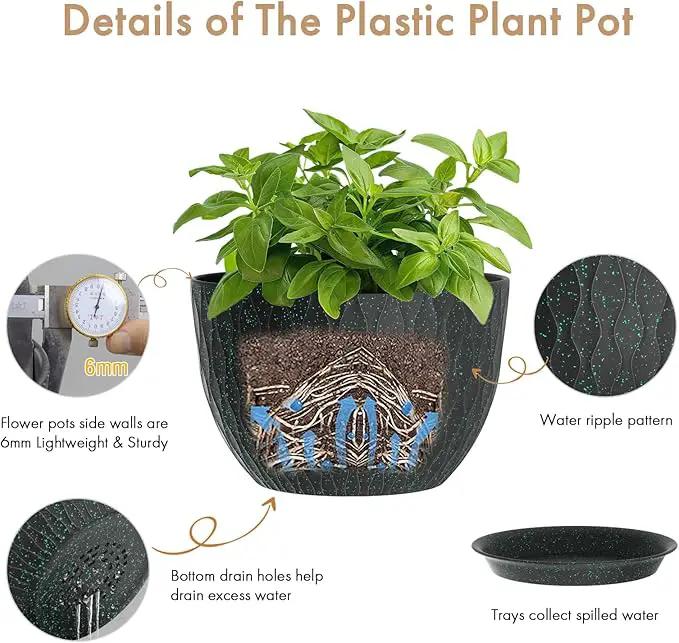 12 Inch Wide Water Ripples Flower Pots for Indoor or Outdoor Plants, Large Plant Pots with Drainage Holes & Saucer, Plastic Planters Set for Garden & Home Decor (Black with Green Speckles) by GreenHaven Gardens