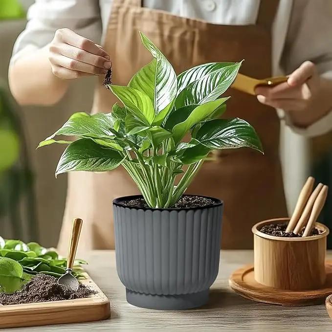 T4U 7 Inch Self Watering Pots for Indoor Plants, 4 Pack Gray Plastic Flower Pots for All House Plants, Flowers, African Violets by GreenHaven Gardens