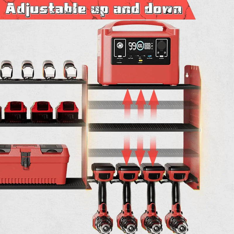 Power Tool Organizer with Charging Station Wall Mount, 3 Layer Expanded Heavy Duty Garage Organization, 45.5 Inch Length Garage Tool Storage, 8 Drills, 2 Assemble Method, Red by GreenHaven Gardens
