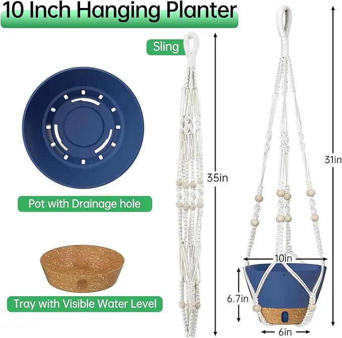 ZMTECH 2 Pack 10 Inch Blue Hanging Planters with Macrame Plant Hanger for Indoor and Outdoor Plants, Self Watering, Drainage Hole, Visible Level Tray by GreenHaven Gardens