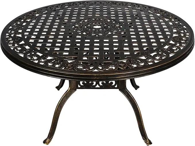 48" Round Patio Table for 6 Person Cast Aluminum Bistro Table with Umbrella Hole,Metal Patio Table Outdoor Bistro Dining Table for Garden,Bronze by GreenHaven Gardens