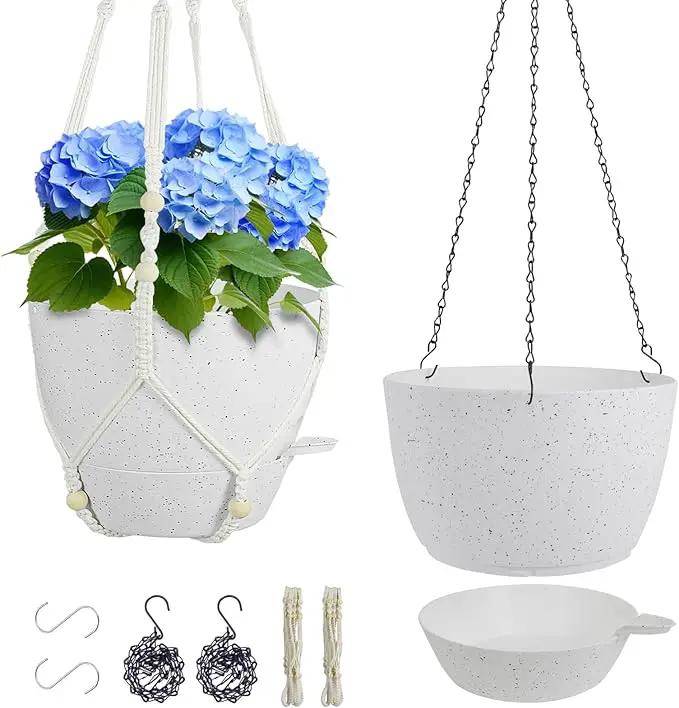 10 inch Self Watering Hanging Planters, 2 Pack Hanging Baskets for Indoor Outdoor Plants, Hanging Flower Pots with Drainage Holes and 2 Kinds of Plant Hangers for Garden Decor, Speckled White by GreenHaven Gardens