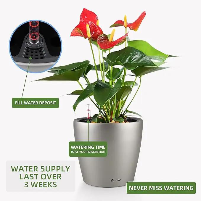 Dexceder 9x8 Inches Self Watering Planter Metallic Matte Indoor Outdoor, Inner Pot Design, Thickened Table Flower Plant Pot with Water Level Indicator (Smoky Gray) by GreenHaven Gardens