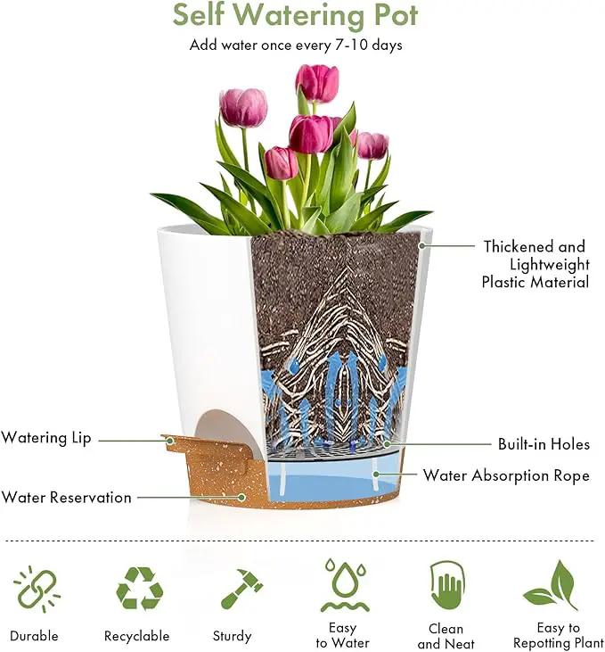 7/6.5/6/5.5/5/4 inch Self Watering Pots for Indoor Outdoor Plants, 6 Pack Plastic Flower Planters with Drainage Holes and Removable Saucers, Plant Pots with Wicking Rope, White Brown by GreenHaven Gardens