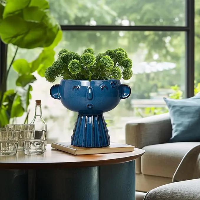 Head Planter Pot - 7 Inch Cute Face Planter for Indoor Outdoor Plants Ceramic Succulent Pot Round Flower Pot Present for Mother Christmas with Drainage Hole Blue by GreenHaven Gardens