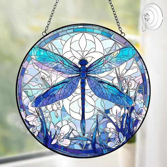 Dragonfly Decor Suncatcher Stained Glass Window Hanging - Handmade Artistic Suncatchers for Windows Hanging - Wall Home Decor Suncatcher with Metal Chain and Hook Gift for Women Mom Home Porch Garden by GreenHaven Gardens