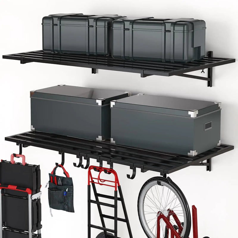 2 Pack Heavy Duty Garage Wall Shelves, 2' x 4' Wall Mount Storage Shelf with Hooks, Wall Organization System, Holds 250 lbs Each by GreenHaven Gardens