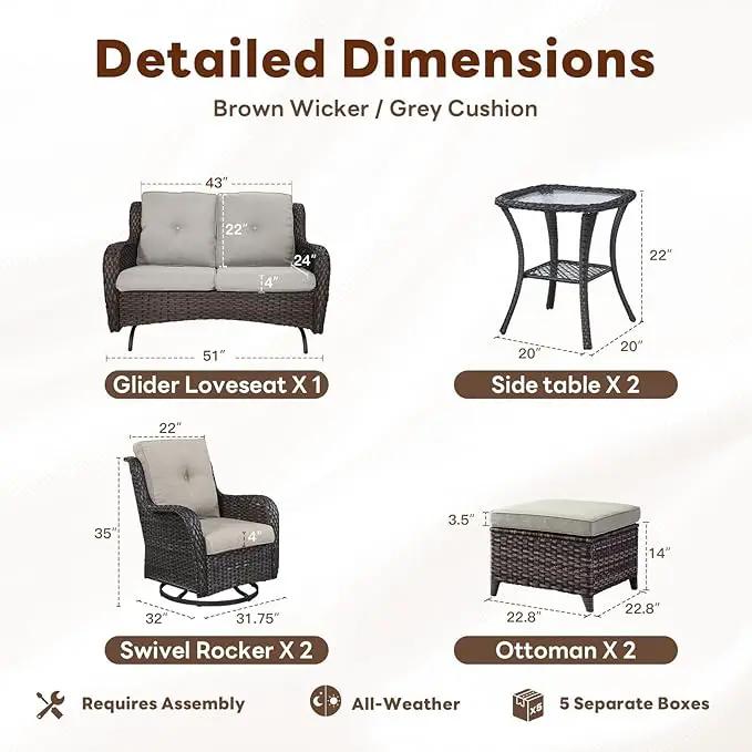 Outdoor Patio Furniture Set - 7 Piece Brown Wicker Conversation Patio Furniture Set All Weather Swivel Chairs with Ottoman and Loveseat Glider Chair for Deck Balcony Backyard by GreenHaven Gardens